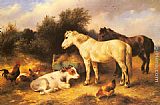Ponies, A Calf and Poultry In a Farmyard by Walter Hunt
